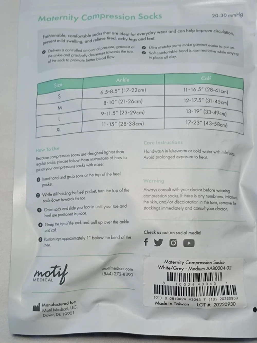 Motif White Maternity Compression Socks Gradient Compression Level 20-30 MmHg
